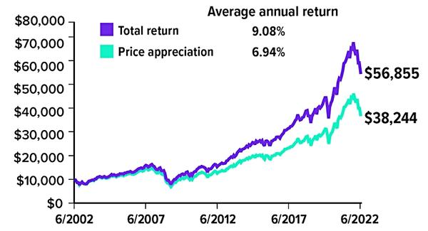 Chart showing the power of reinvesting dividend income.